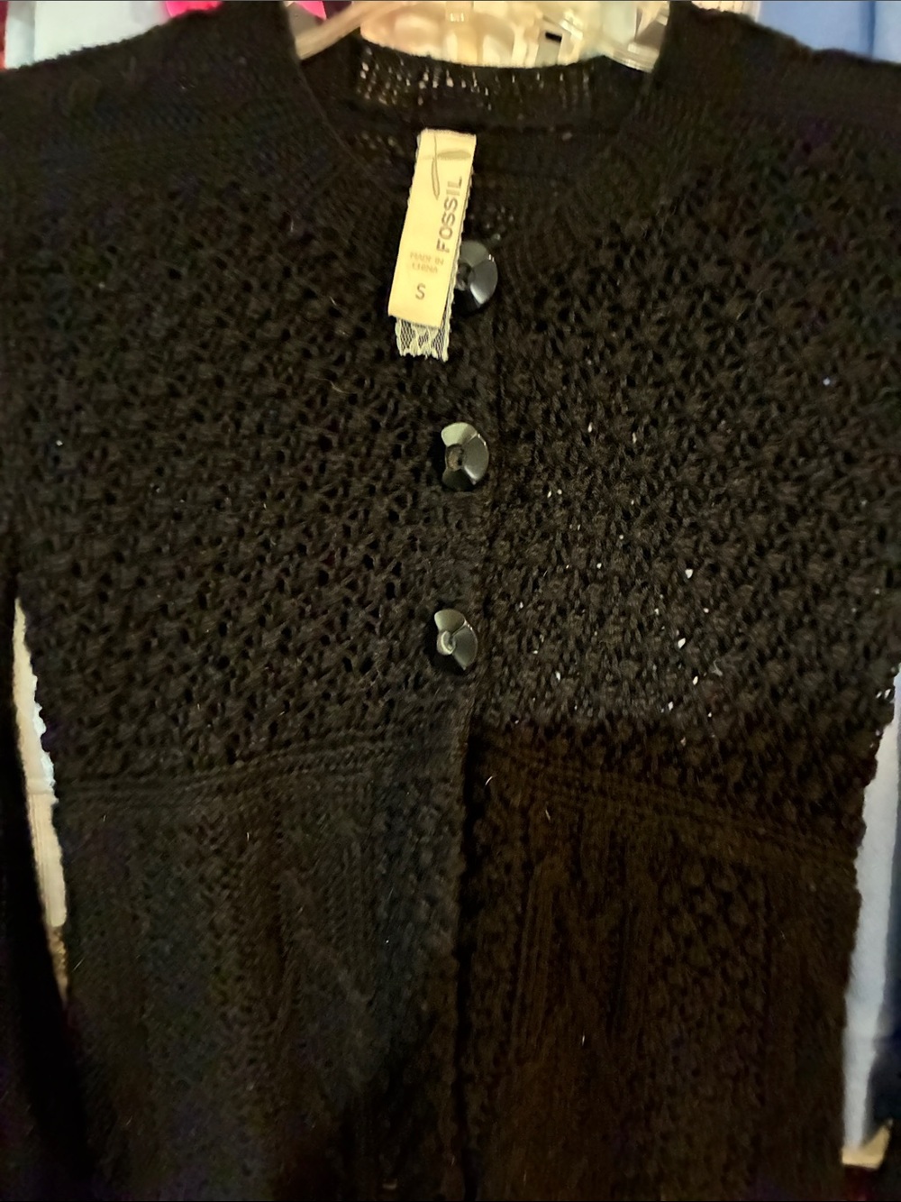 Fossil Women's Black Open-Knit Button Cardigan